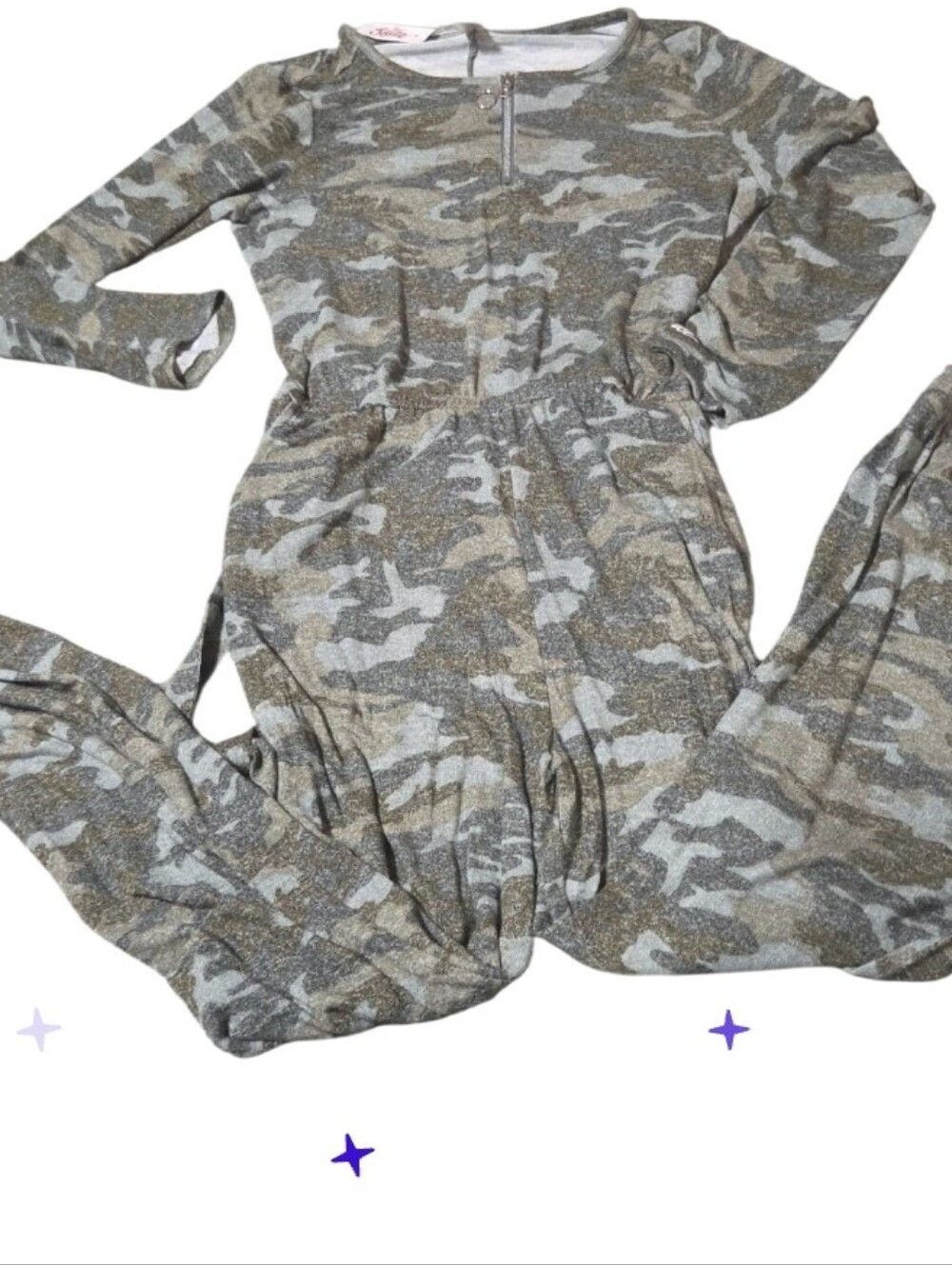 Justice New 20 Plus Camo Knit Jumpsuit in Olive & Gray